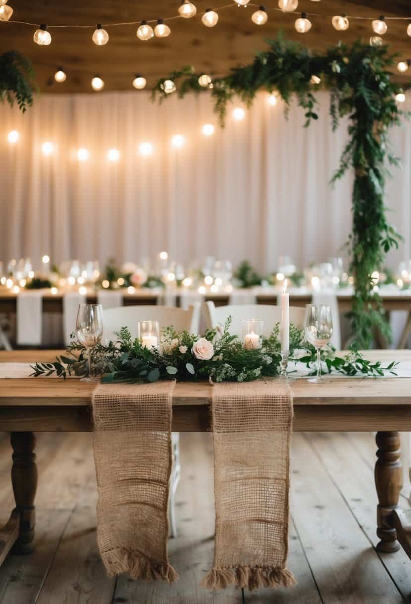 A rustic jute garland drapes across a wooden wedding table, adorned with delicate greenery and soft, romantic lighting