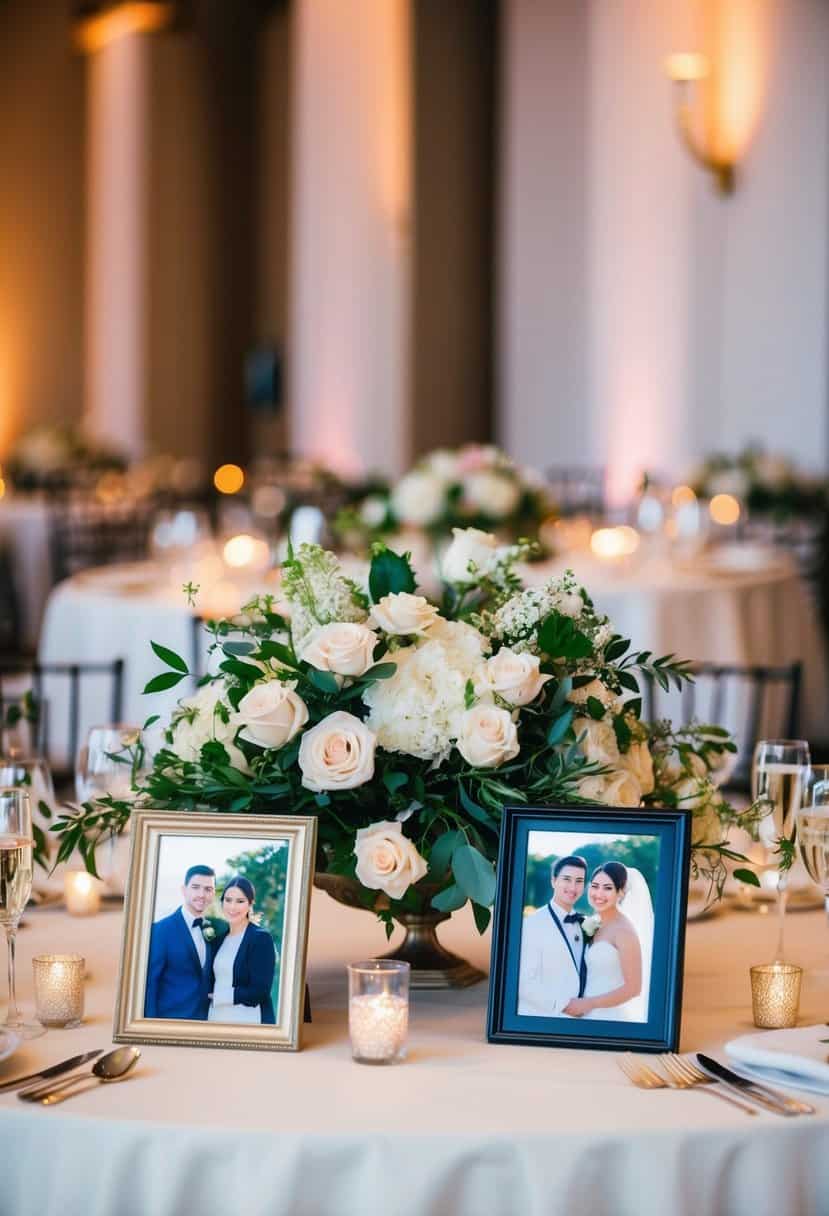 A beautifully arranged floral centerpiece with framed photos of the bride and groom at the head table of a wedding reception