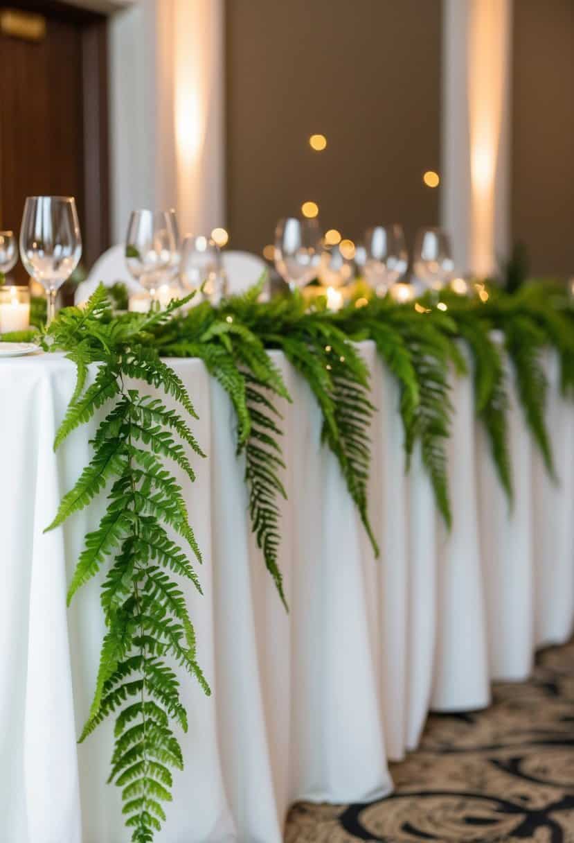 A golden fern garland drapes elegantly across a wedding reception table, adding a touch of natural beauty and sophistication to the decor