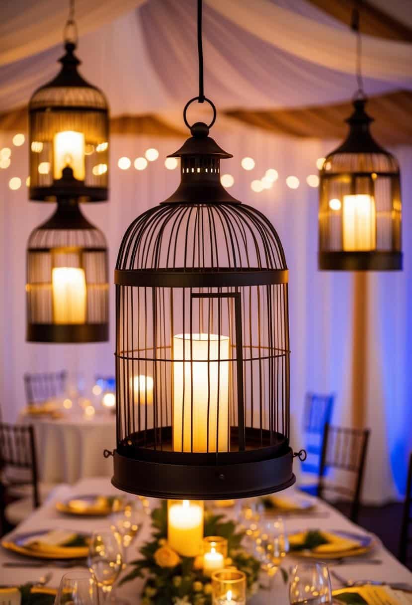 Birdcage lanterns hang above a whimsical head table at a wedding, casting a warm glow over the decorative setting
