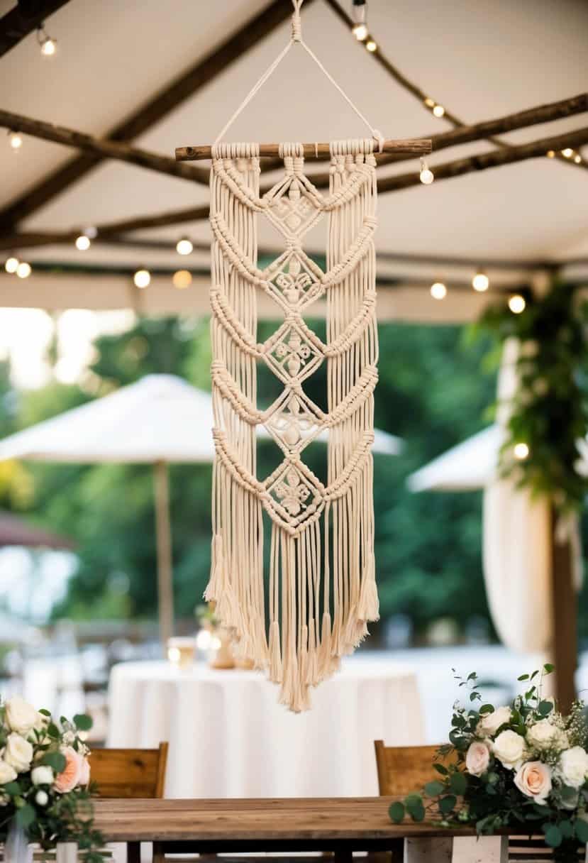 A bohemian macrame hanging adorns a wedding head table, adding a rustic and elegant touch to the decoration