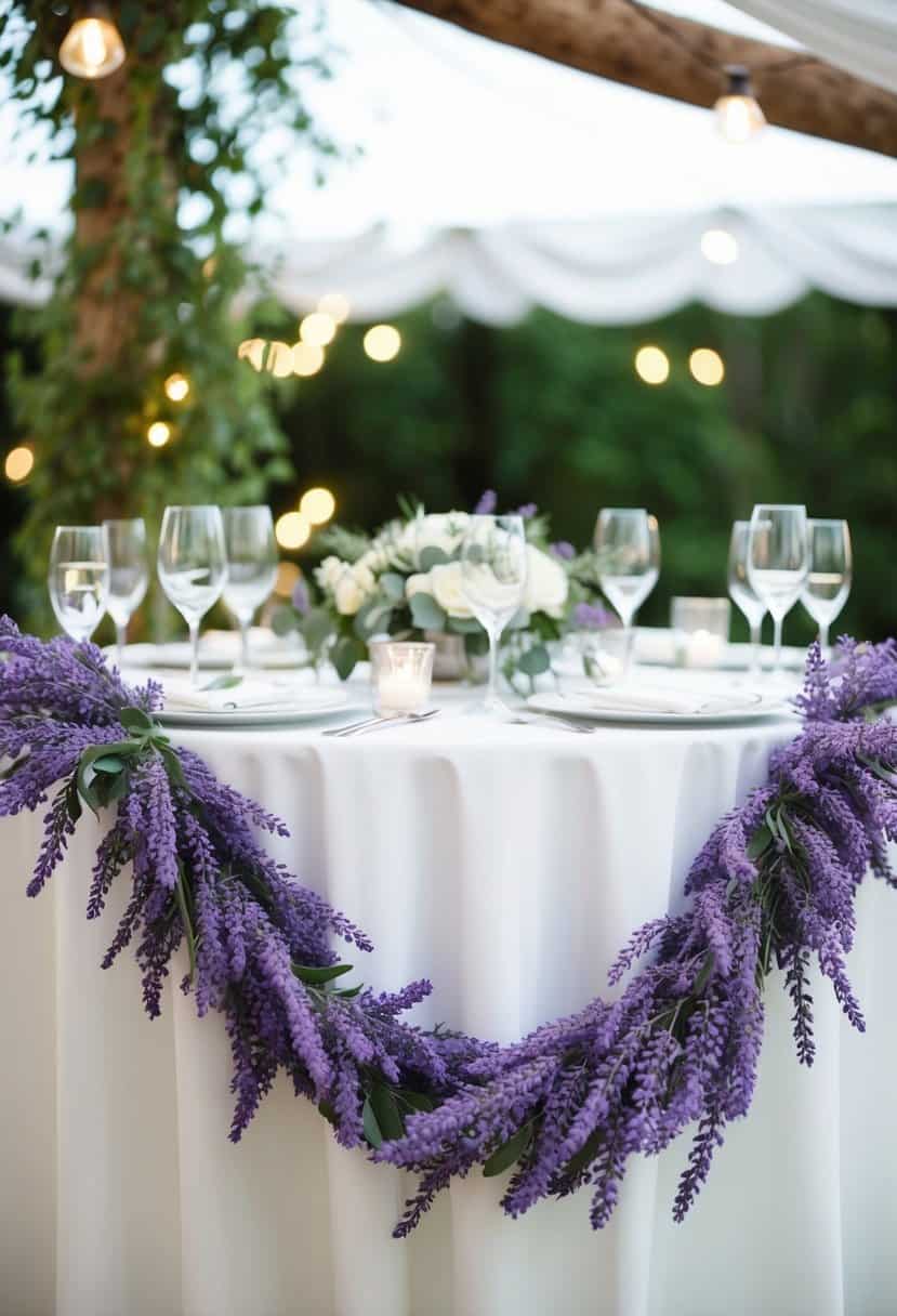 A faux lavender garland drapes elegantly across a wedding reception table, adding a touch of natural beauty to the decor