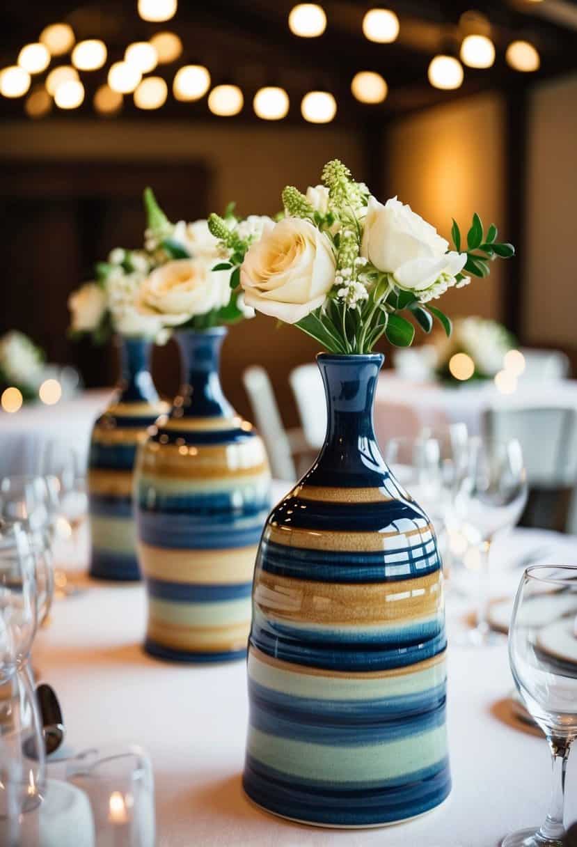 Artisan-crafted ceramic vases arranged as wedding table decorations