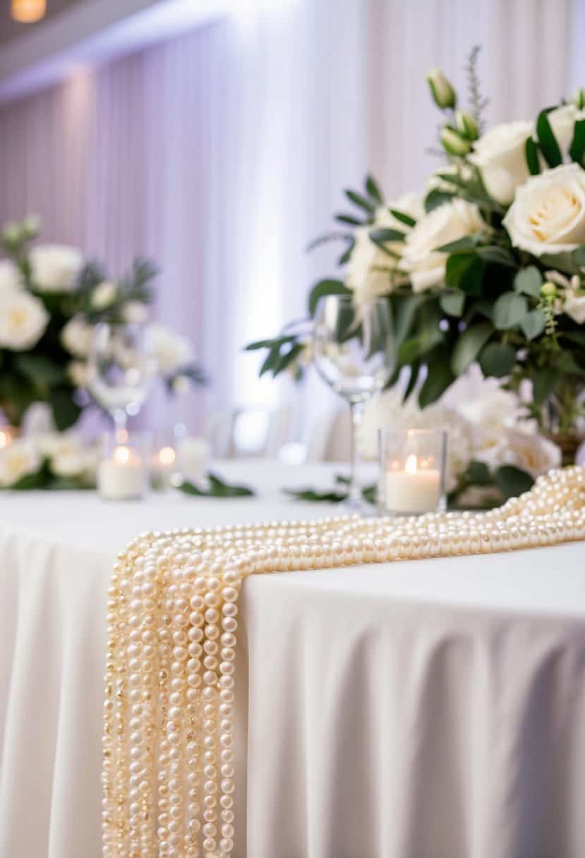 A pearl beaded garland drapes elegantly across a wedding table, adding a touch of sophistication and romance to the decor