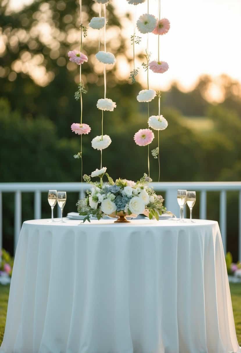 A serene wedding head table adorned with floating flower arrangements