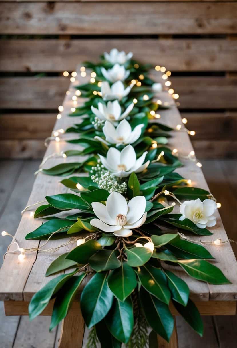 A long, lush garland of magnolia leaves drapes across a rustic wooden wedding table, intertwined with soft fairy lights and delicate white flowers