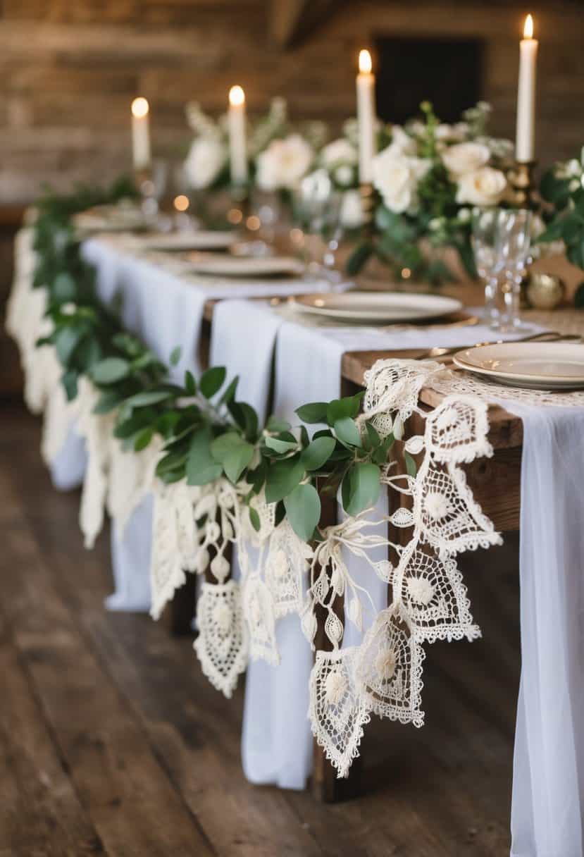 A vintage lace garland drapes elegantly along a rustic wooden wedding table, adding a touch of romantic charm to the decor