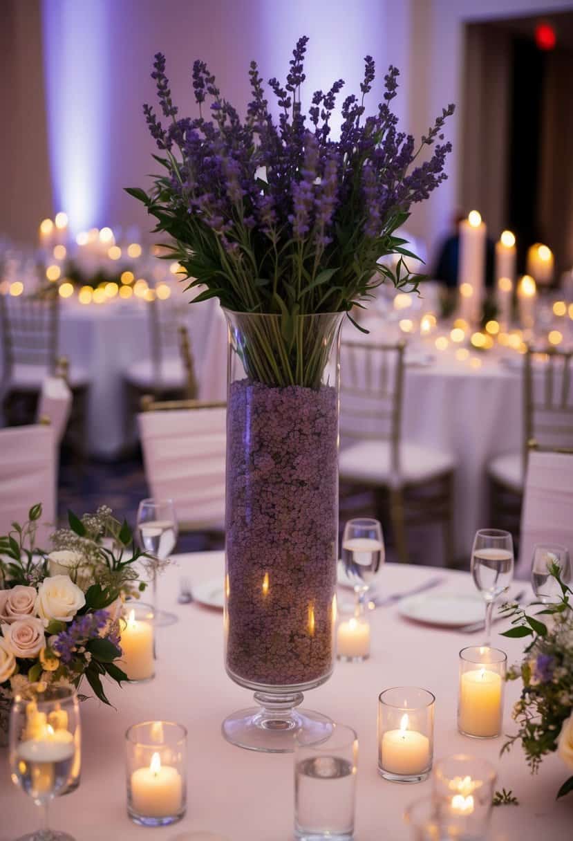 A tall glass vase filled with lavender potpourri sits on a wedding reception table, surrounded by flickering candles and delicate floral arrangements