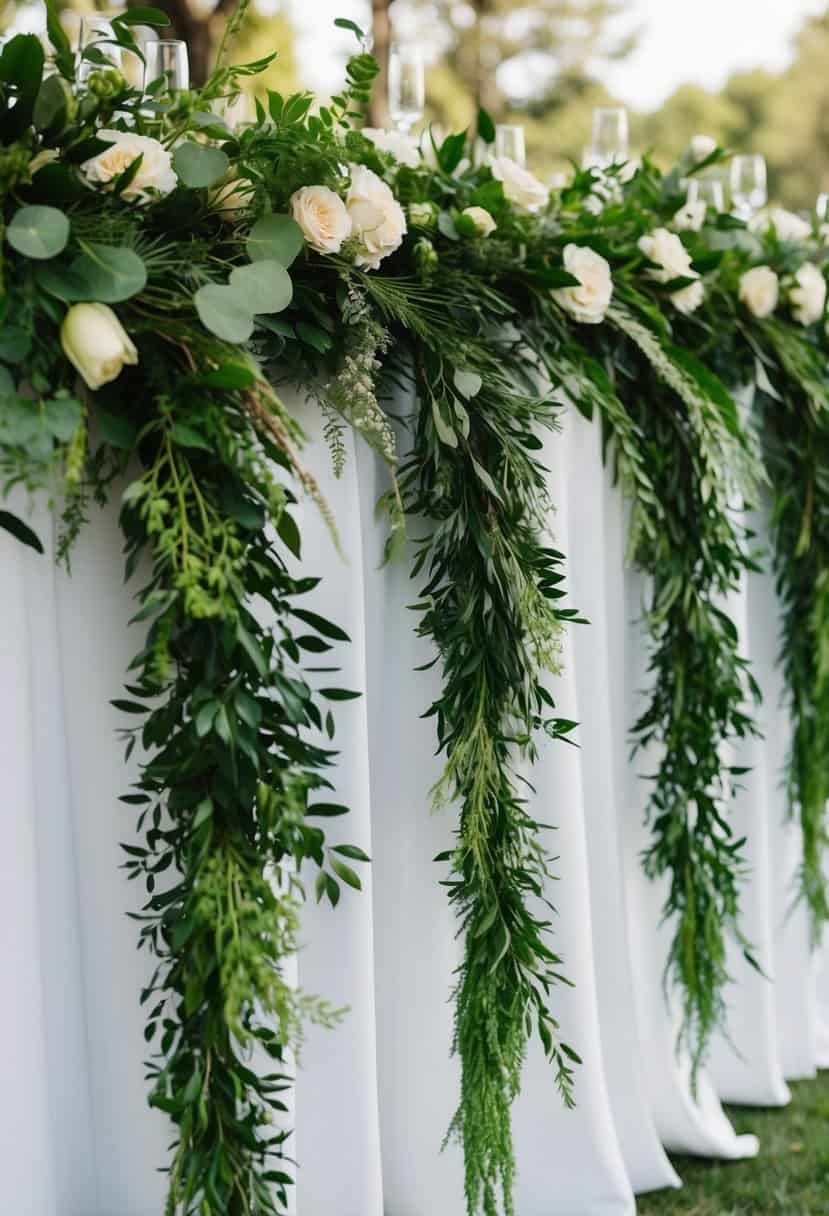 A lush garland of mixed greenery drapes elegantly across a wedding table, adding natural beauty and charm to the decor