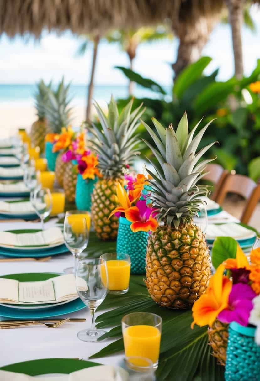 A table adorned with vibrant pineapple centerpieces, surrounded by tropical foliage and adorned with colorful flowers for a Hawaii wedding