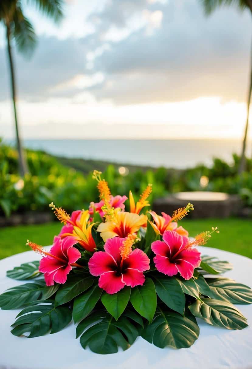 A table adorned with vibrant hibiscus flower arrangements, set against a backdrop of lush Hawaiian scenery