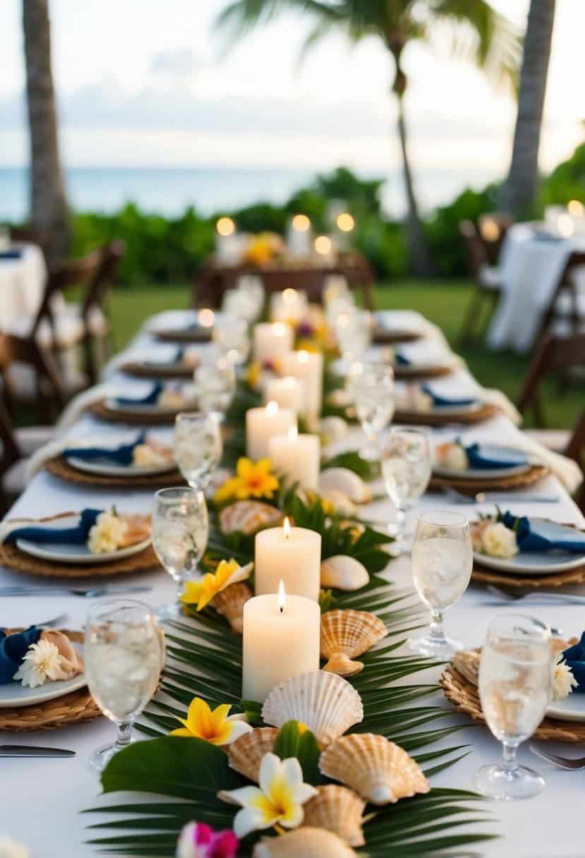 A table adorned with seashells, flowers, and candles for a tropical wedding in Hawaii