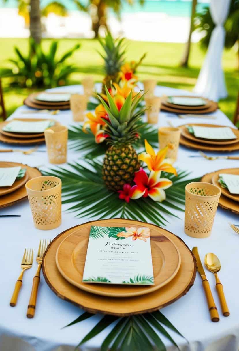A tropical wedding table adorned with bamboo cutlery sets and Hawaiian-inspired decorations