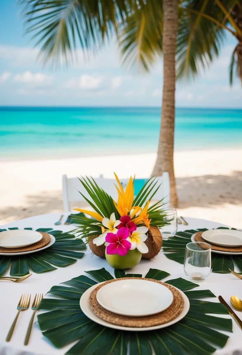 A tropical table setting with palm leaf placemats, adorned with vibrant flowers and coconuts, set against a backdrop of sandy beaches and clear blue waters