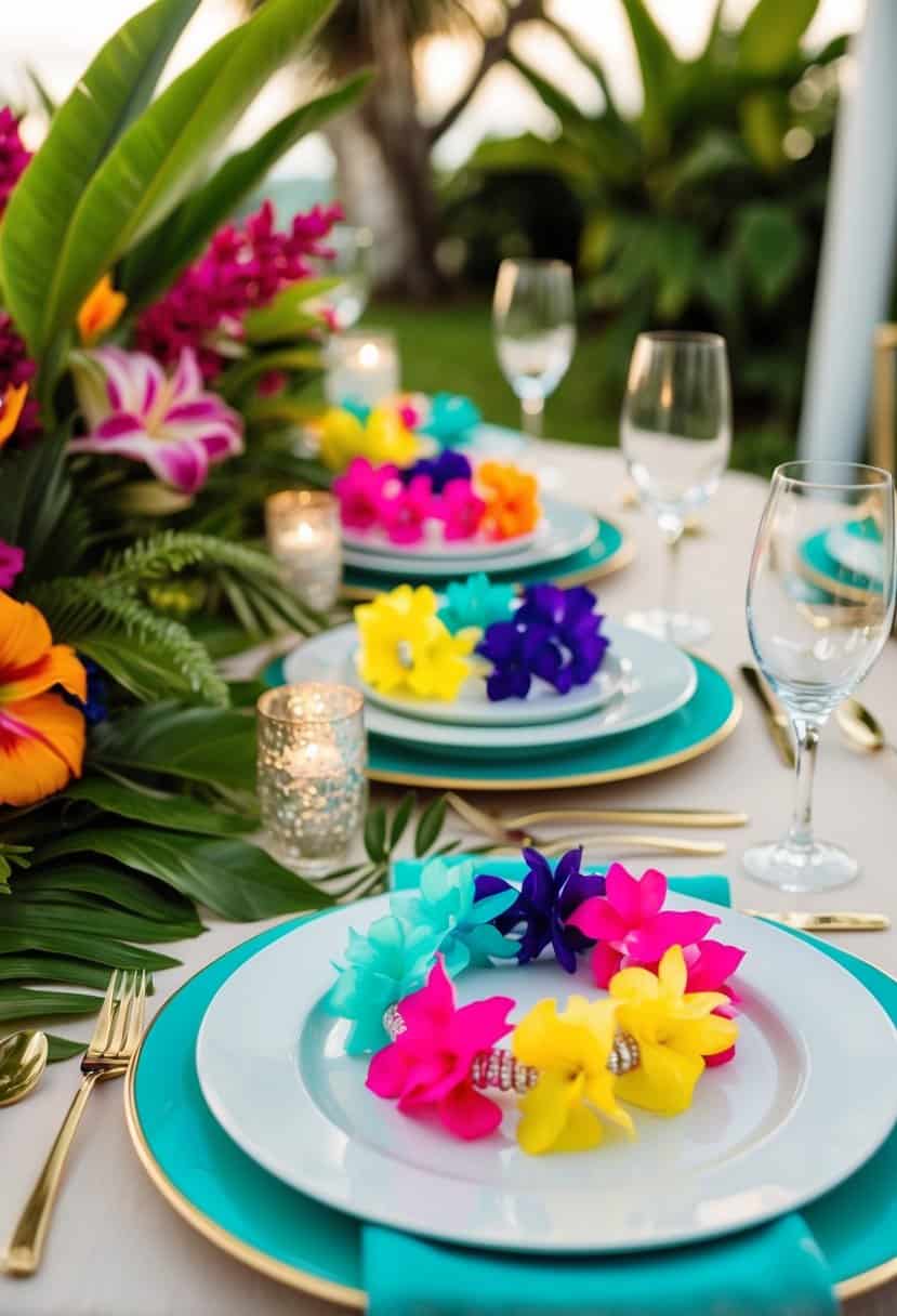 Colorful lei-inspired napkin rings arranged on a tropical-themed wedding table with lush greenery and vibrant flowers