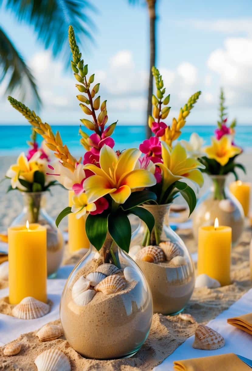Beach sand-filled vases with tropical flowers, seashells, and candles arranged on a Hawaiian wedding table