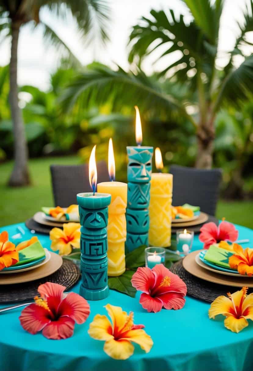 A tropical-themed table setting with tiki candle holders, surrounded by leis and hibiscus flowers