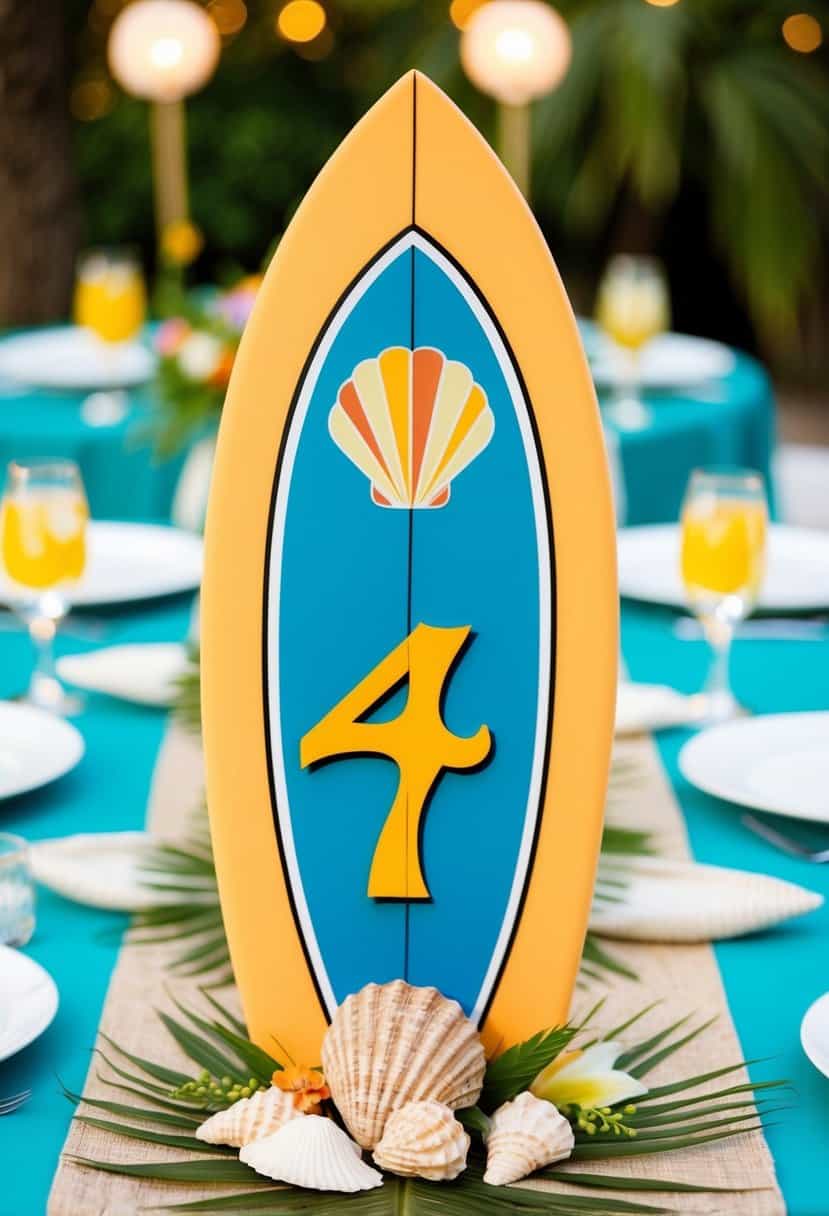 A set of surfboard-shaped table numbers arranged on a tropical-themed table with floral centerpieces and seashell accents