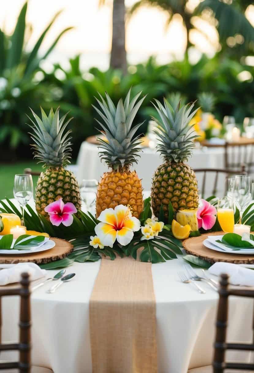 A tropical-themed wedding table with leis, pineapples, coconuts, and hibiscus flowers