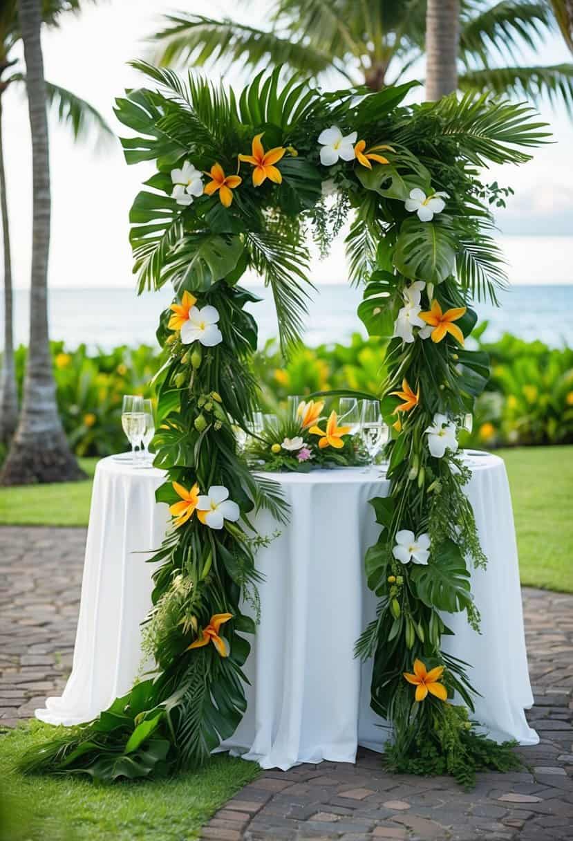 Lush greenery garlands draped across a Hawaiian wedding table, intertwined with tropical flowers and foliage