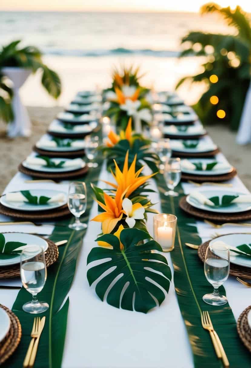 A tropical wedding table adorned with Monstera leaf table runners and Hawaiian decorations