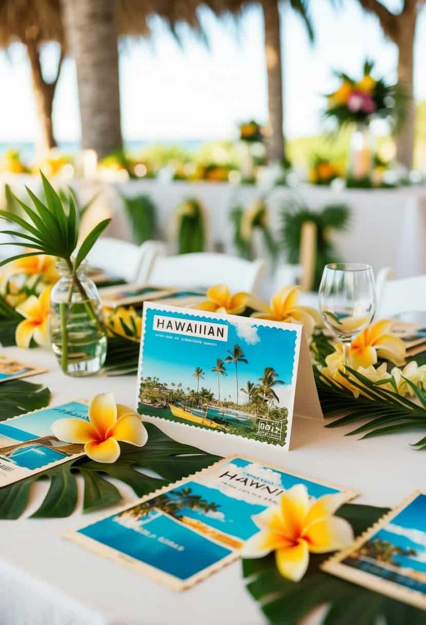 A table adorned with vintage Hawaiian postcards, leis, and tropical flowers for a Hawaii wedding