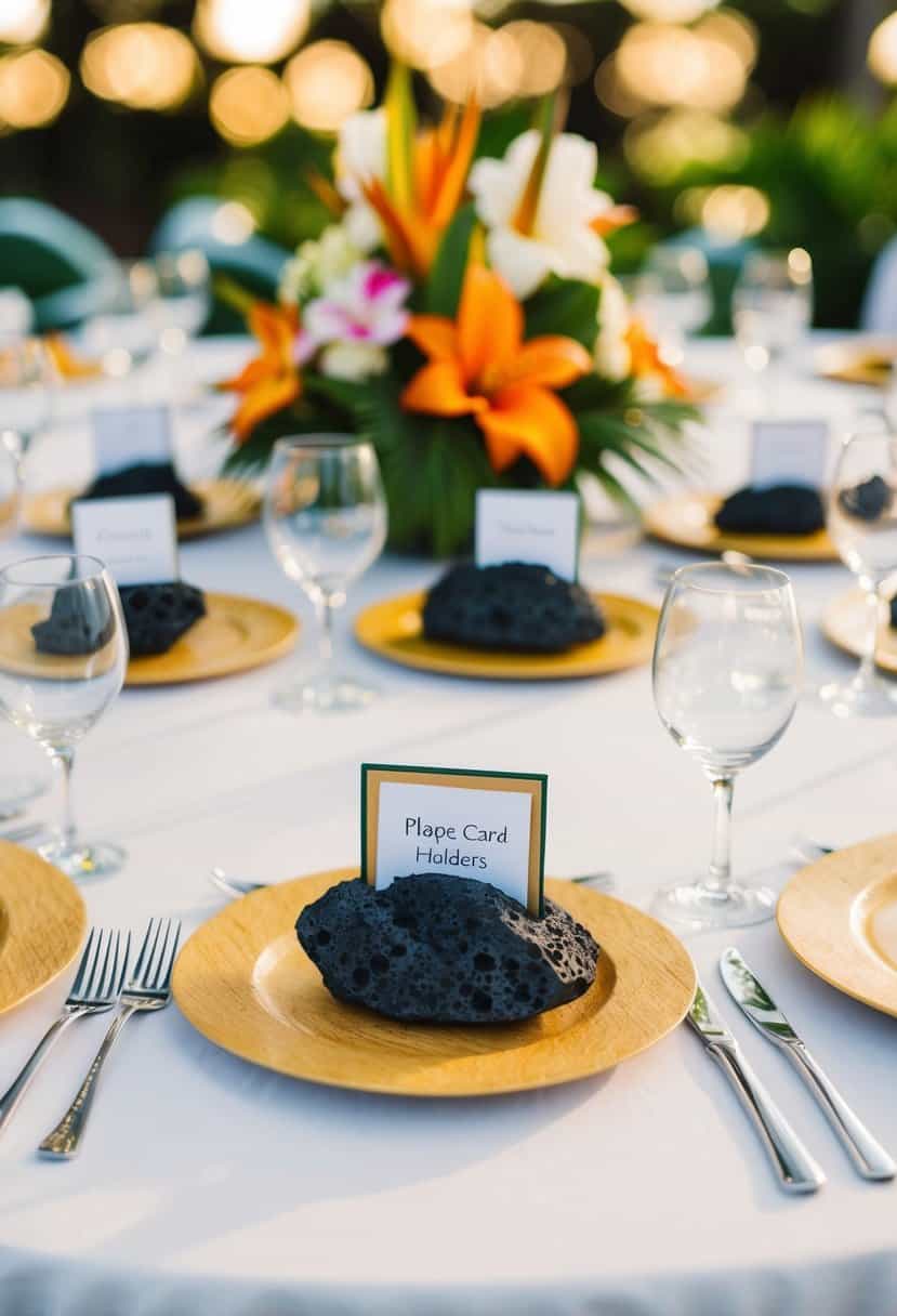 Lava rock place card holders arranged on a Hawaiian-themed wedding table with tropical floral centerpieces