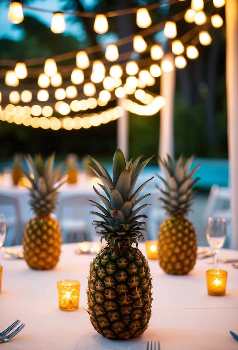 A table adorned with pineapple string lights for a tropical Hawaii wedding