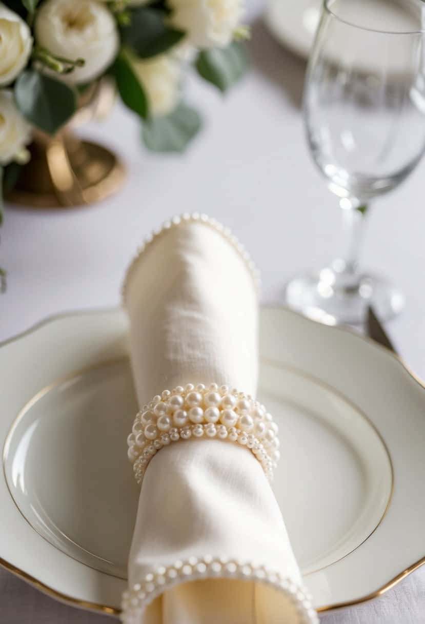 Ivory napkin rings adorned with delicate pearl trim on a pristine wedding table