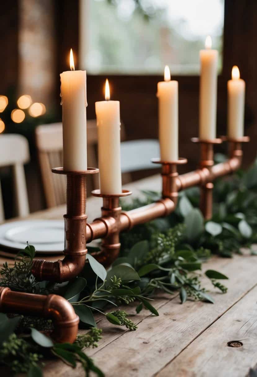 Copper pipe candle holders on a rustic wooden table with greenery and soft lighting