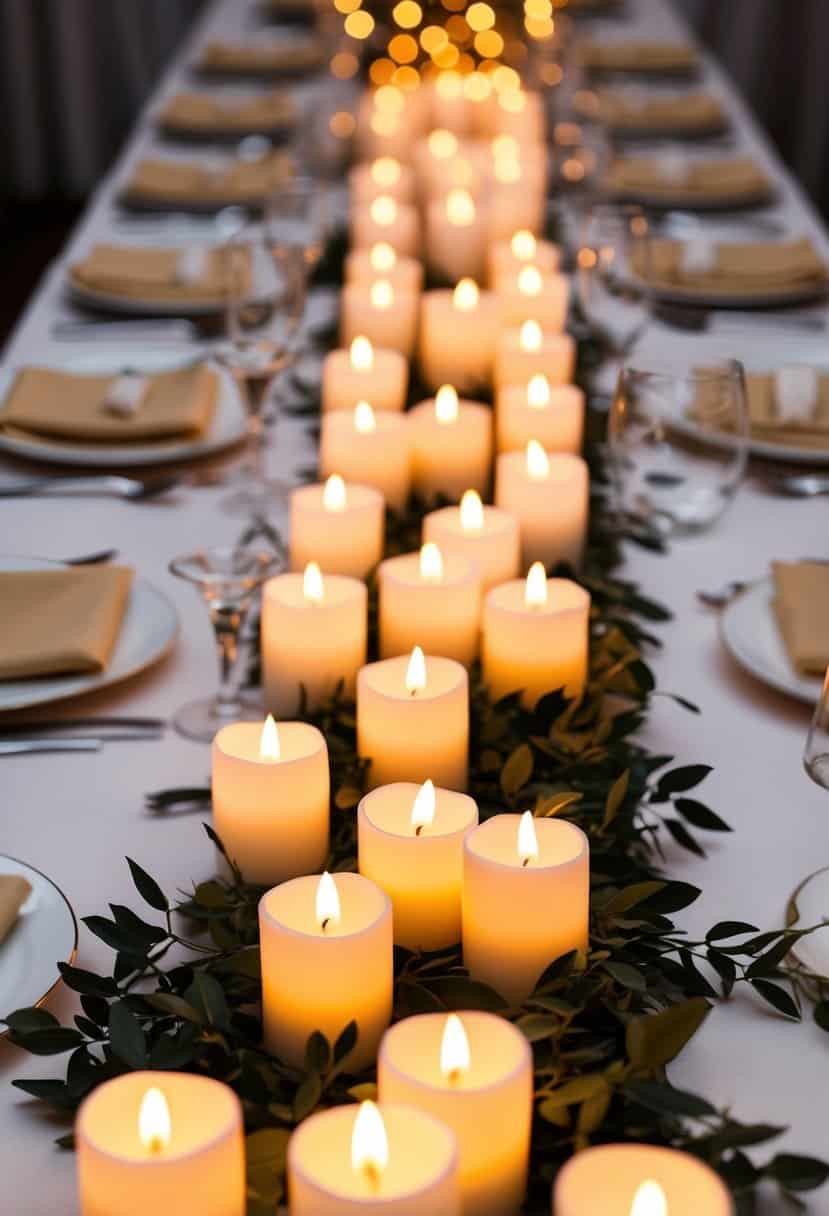 A table adorned with ivory tealight candles glowing in cream LED light, adding a warm and elegant touch to a wedding reception