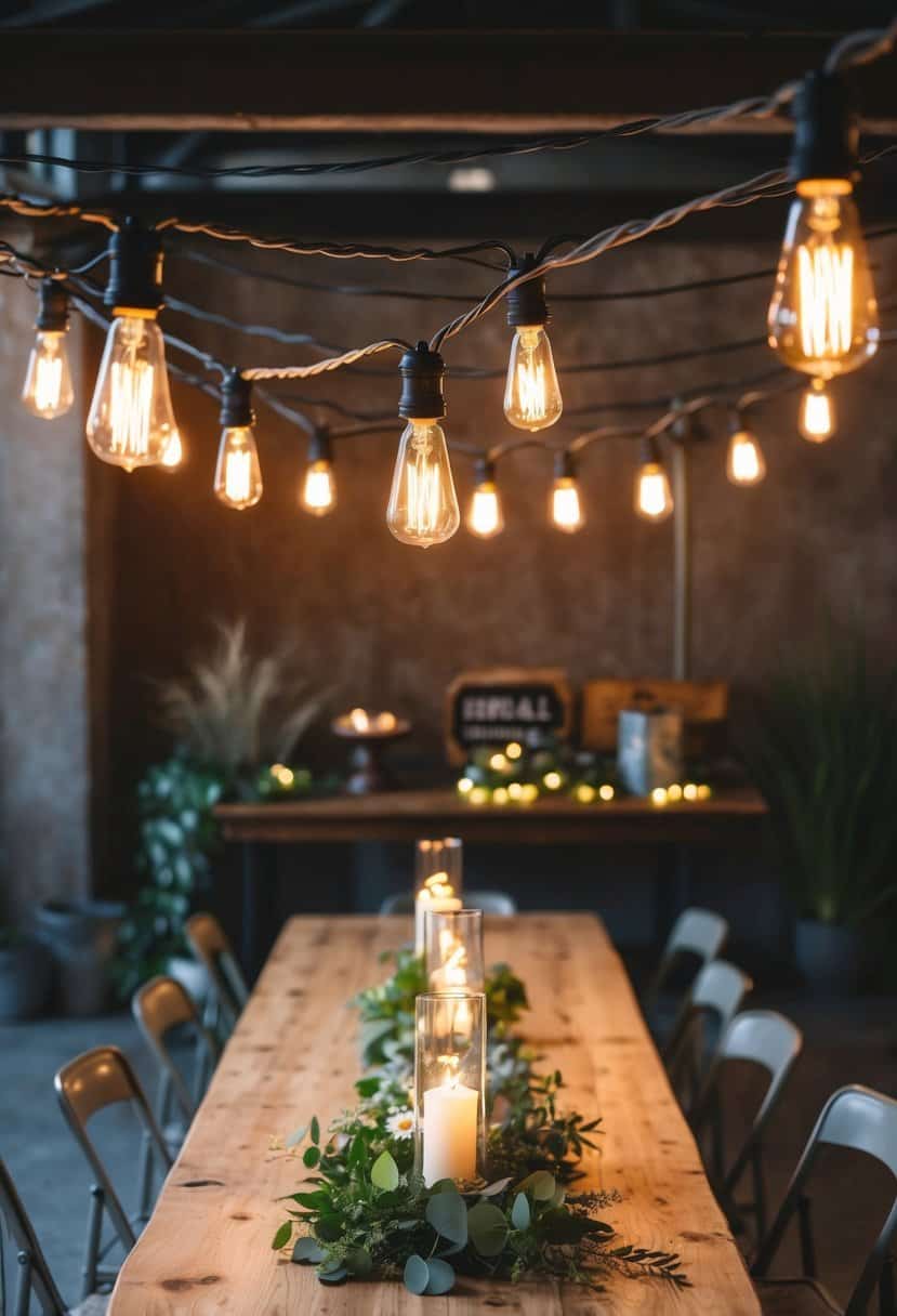 Edison bulb string lights draped over a rustic wooden wedding table, casting a warm glow on industrial decor and greenery