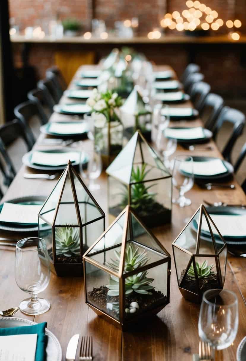 Metallic geometric terrariums arranged as industrial wedding table decor