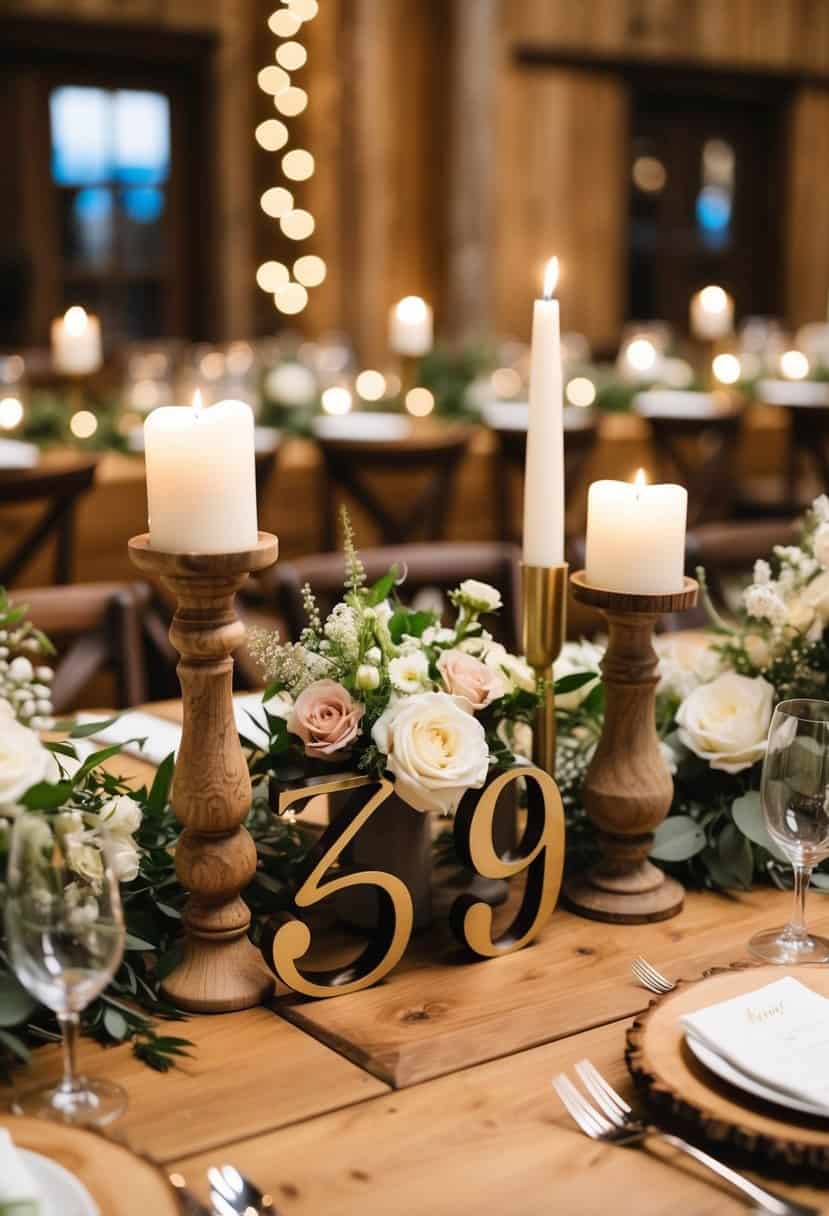 A rustic wooden table with personalized numbers, adorned with flowers and candles, set for a wedding reception