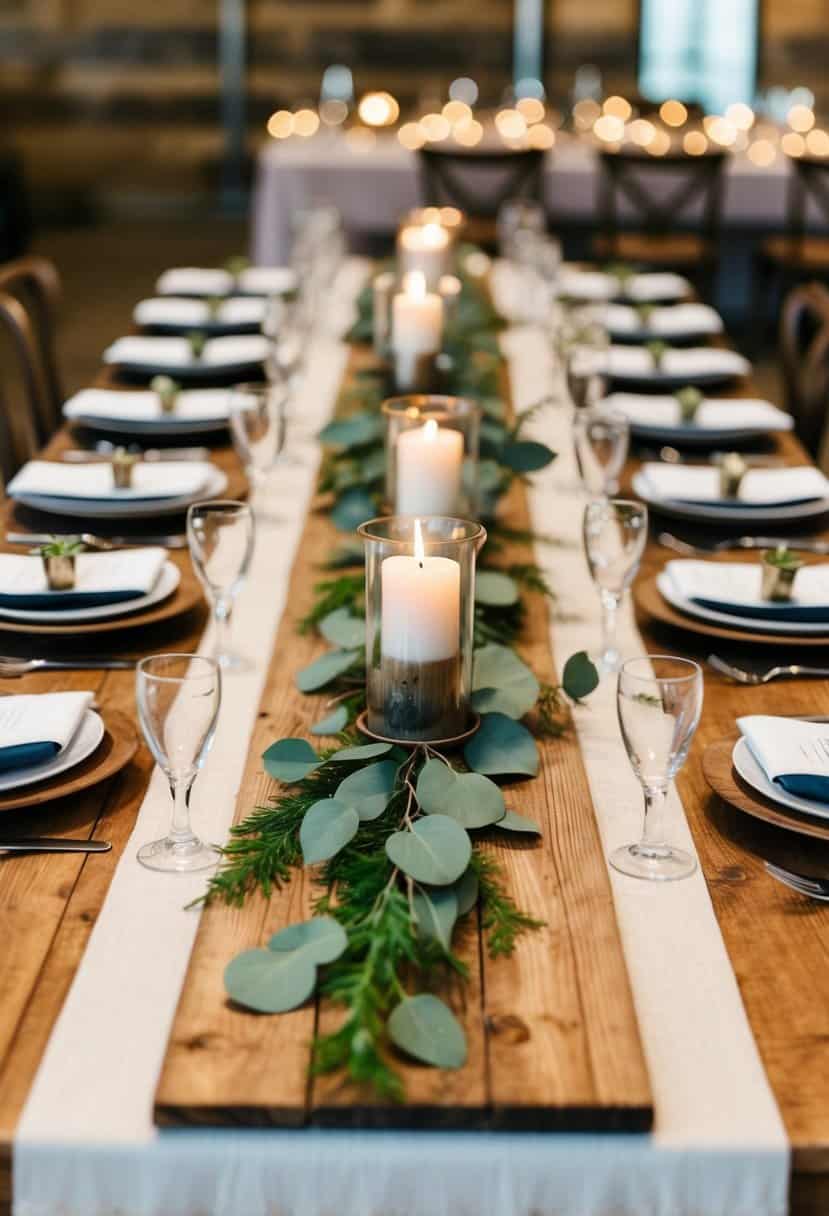 A rustic wooden table runner adorned with industrial wedding decor