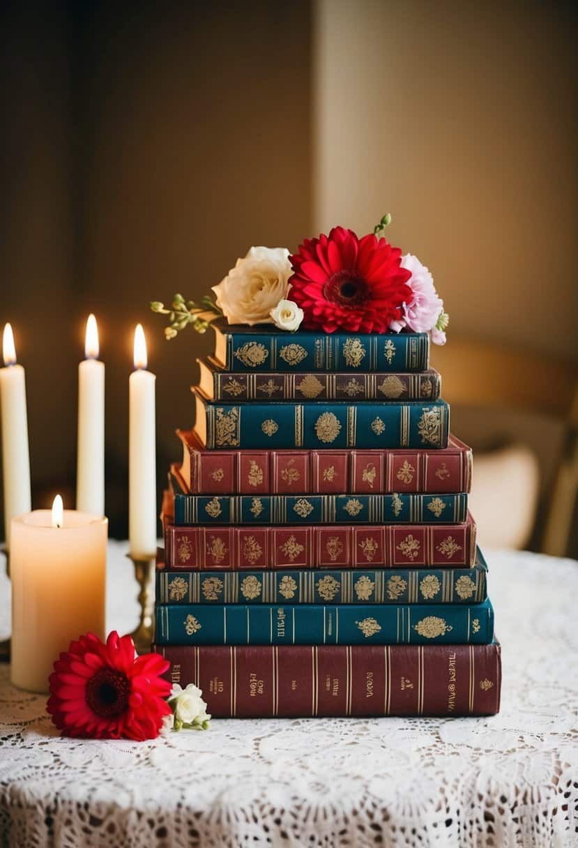 Stacks of vintage books with flowers and candles on a lace tablecloth