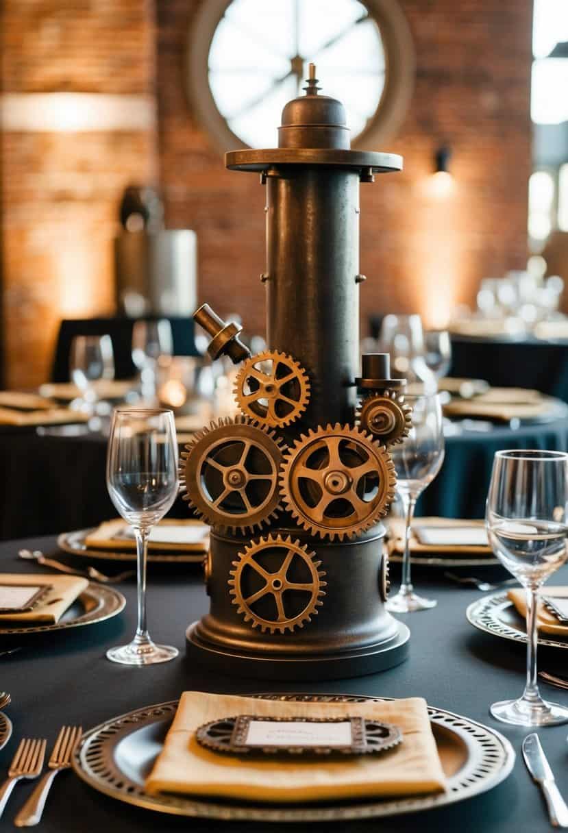 A steampunk-themed table setting with intricate gear place cards and industrial decor