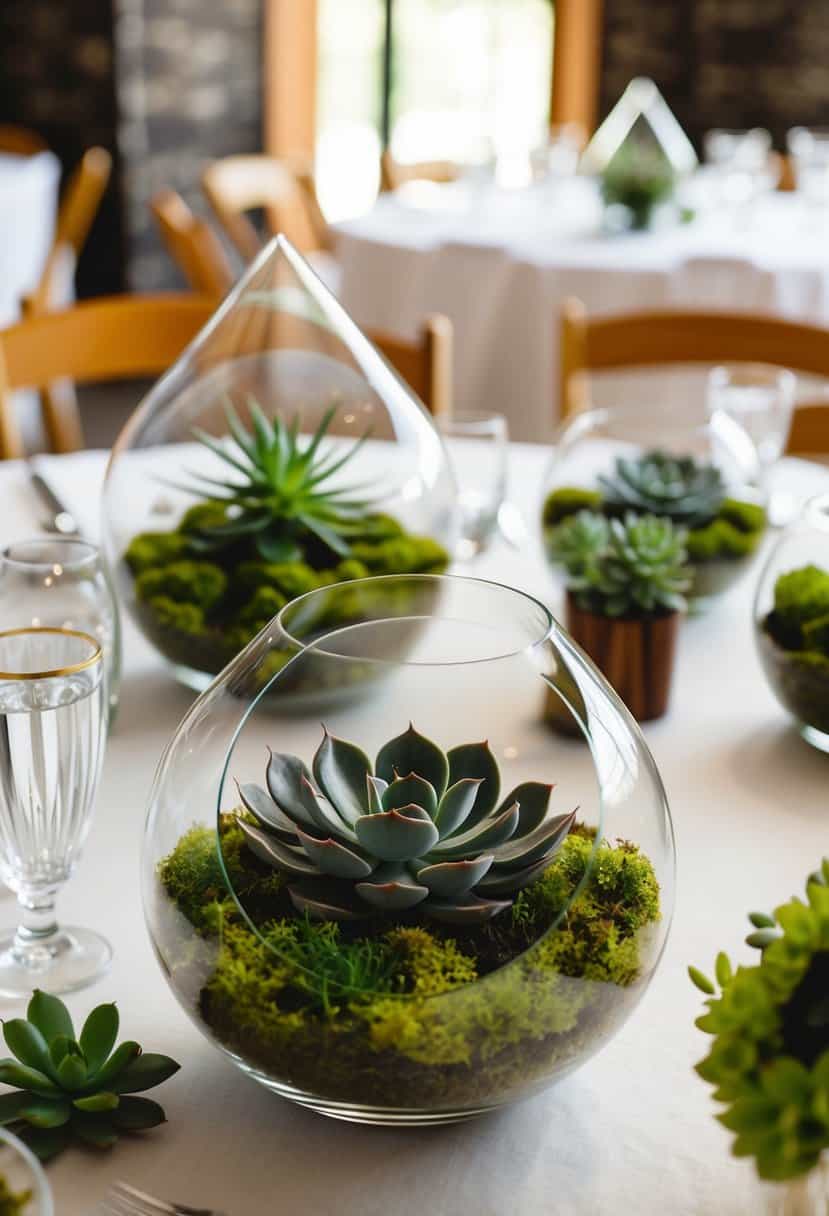 Lush succulent and moss terrariums adorn wedding tables, creating a natural and elegant atmosphere