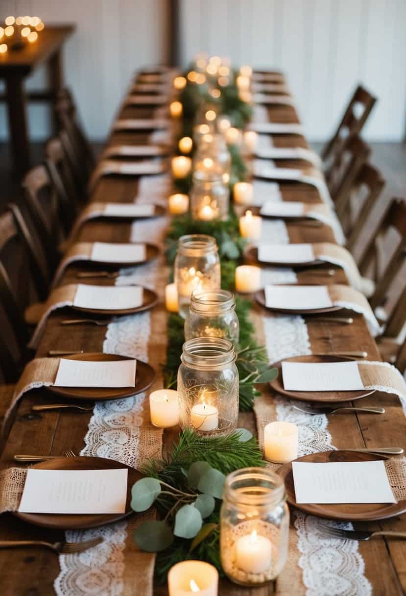 A rustic wooden table adorned with burlap and lace runners, surrounded by mason jar centerpieces and flickering tea light candles