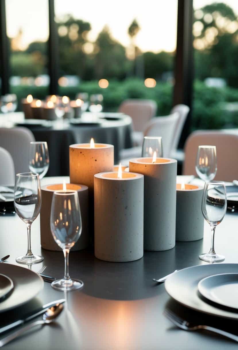 A cluster of concrete candle centerpieces arranged on a sleek industrial wedding table