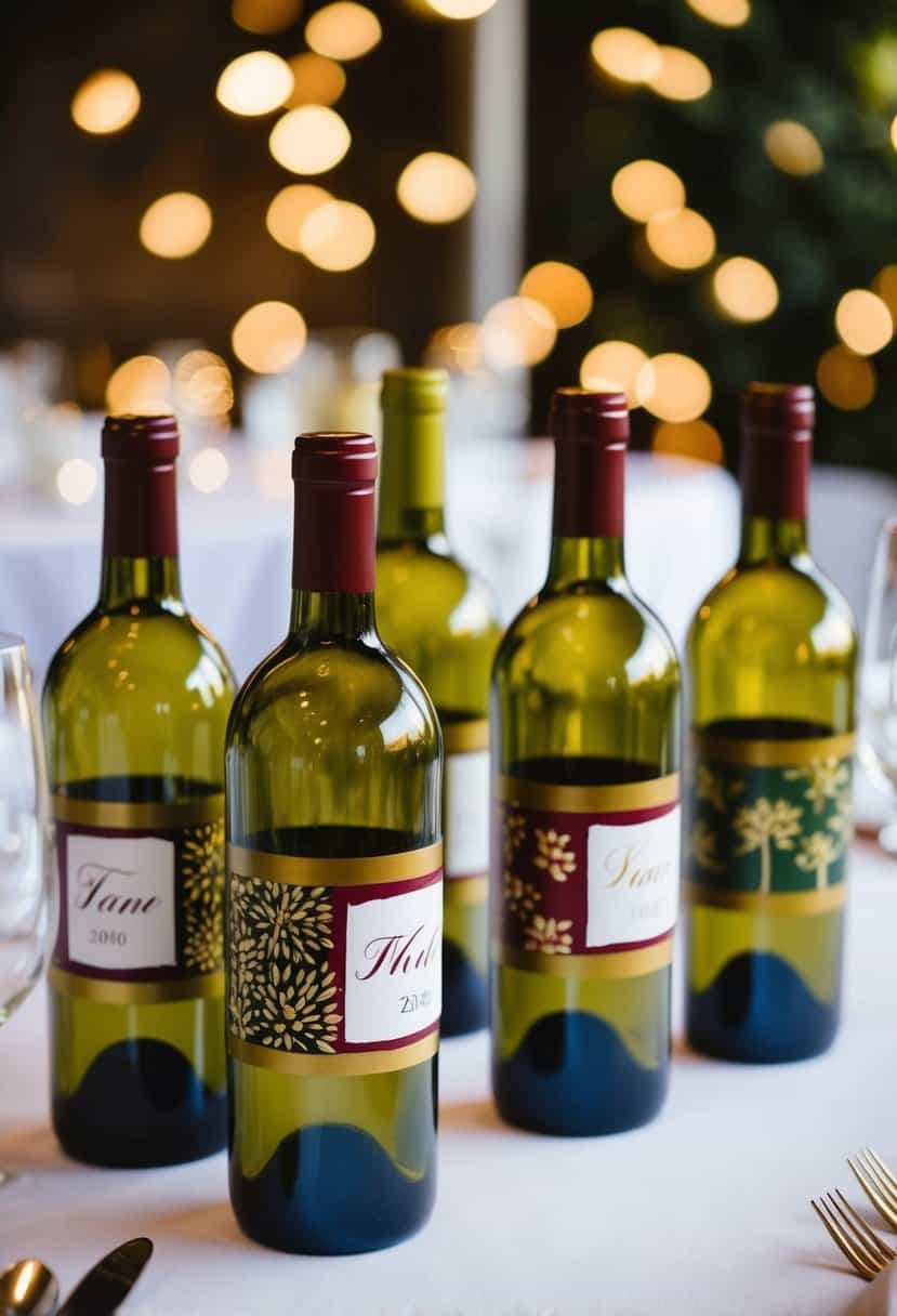 Hand-painted wine bottles arranged as wedding table decor