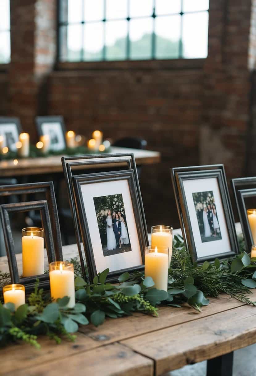 Several iron picture frames arranged on a rustic wooden table, adorned with greenery and candles as industrial wedding decorations