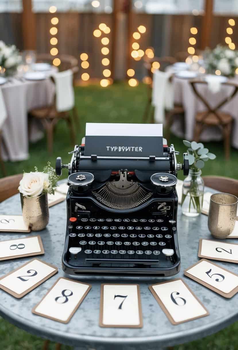 A vintage typewriter sits on a metal table with numbered cards, surrounded by industrial decor for a wedding reception