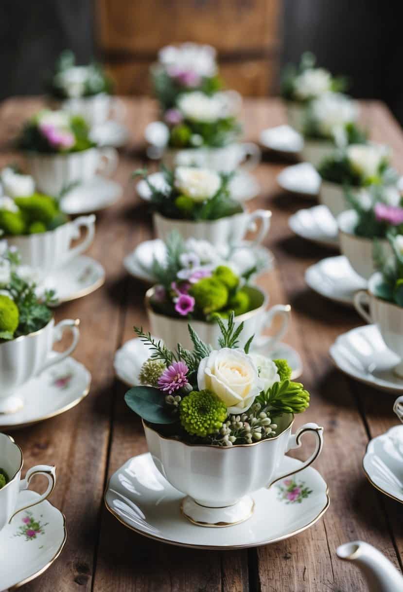 An array of antique teacups filled with flowers and greenery, arranged on a rustic wooden table for a homemade wedding decoration