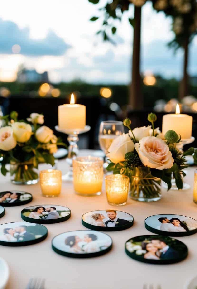 Custom photo coasters arranged on a wedding table, surrounded by floral centerpieces and candlelight
