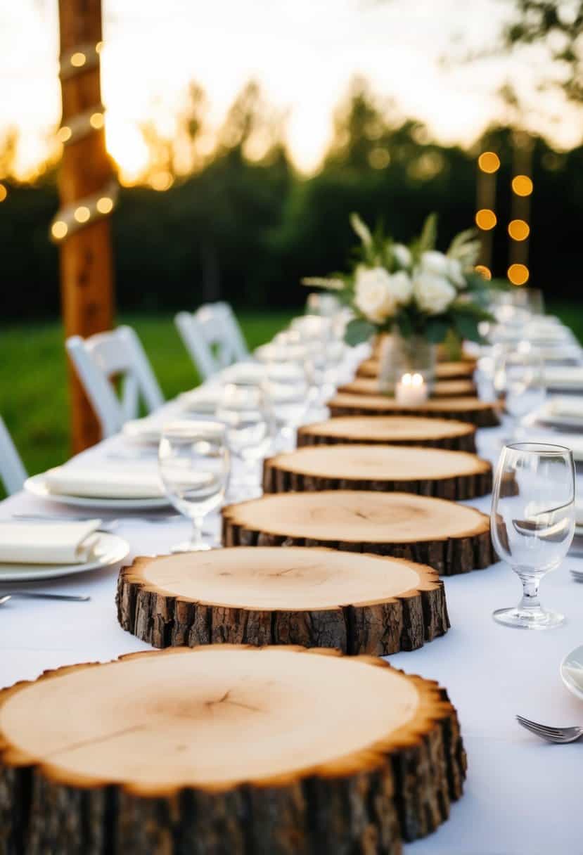 Rustic log slices arranged as wedding table decor