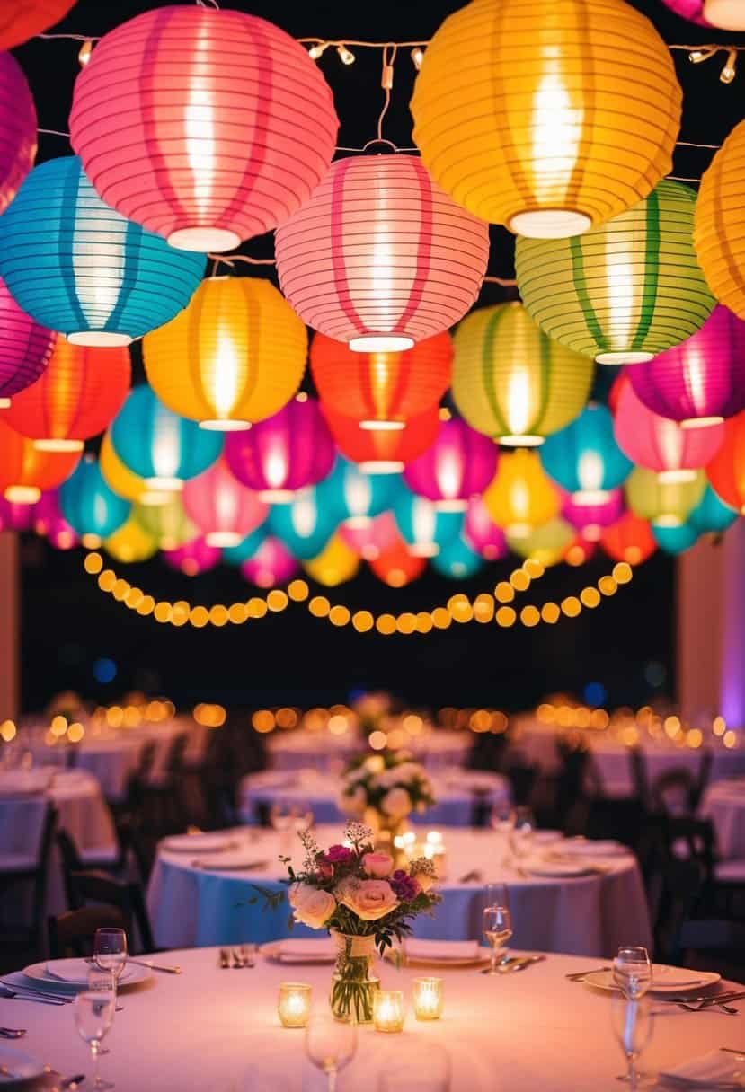 Colorful paper lanterns with LED lights hang above a wedding table, creating a warm and romantic atmosphere