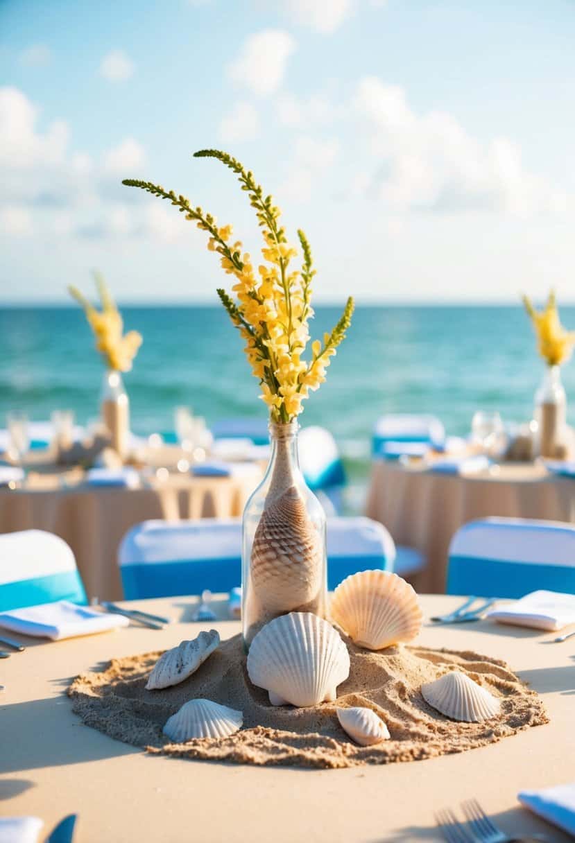 A beach-themed wedding table with seashell and sand vases as centerpieces