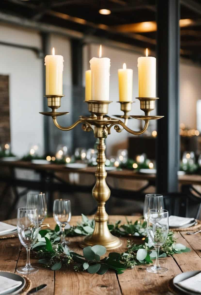 A brass candelabra centerpiece sits atop a rustic wooden table, surrounded by industrial wedding decor and greenery