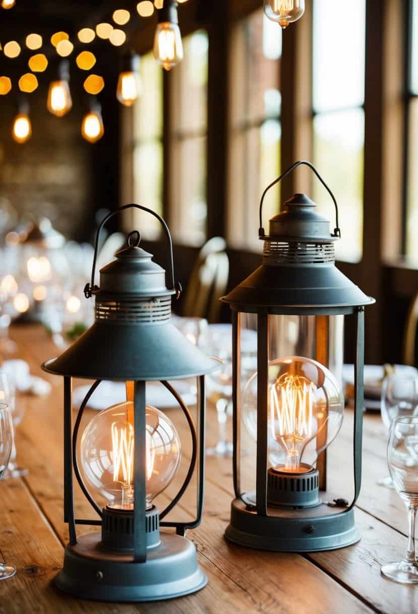 Rustic metal lanterns and antique light bulbs adorn a wooden wedding table, creating a vintage industrial ambiance